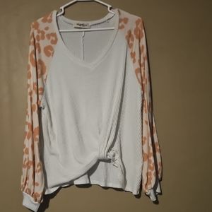 Cream Tie Front Blouse with White Accents